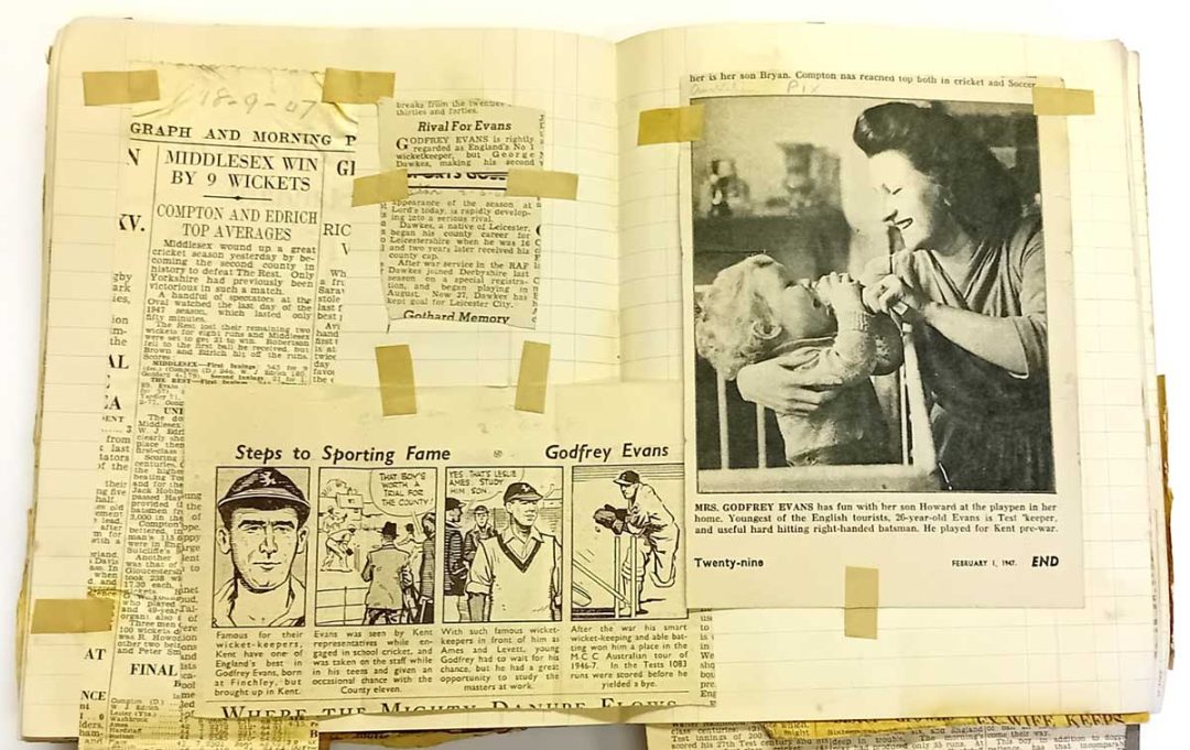 Newspaper cuttings from a scrapbook compiled by the family of Godfrey Evans