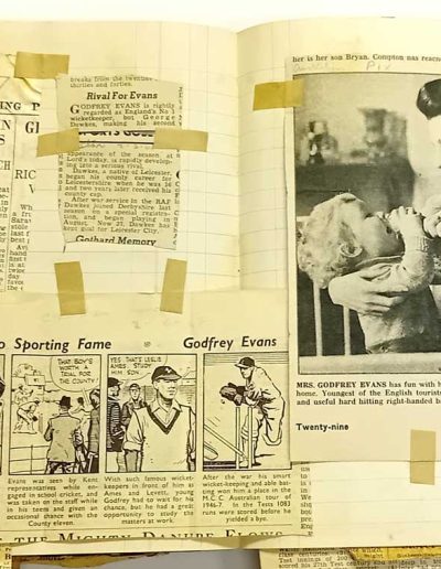 Newspaper cuttings from a scrapbook compiled by the family of Godfrey Evans