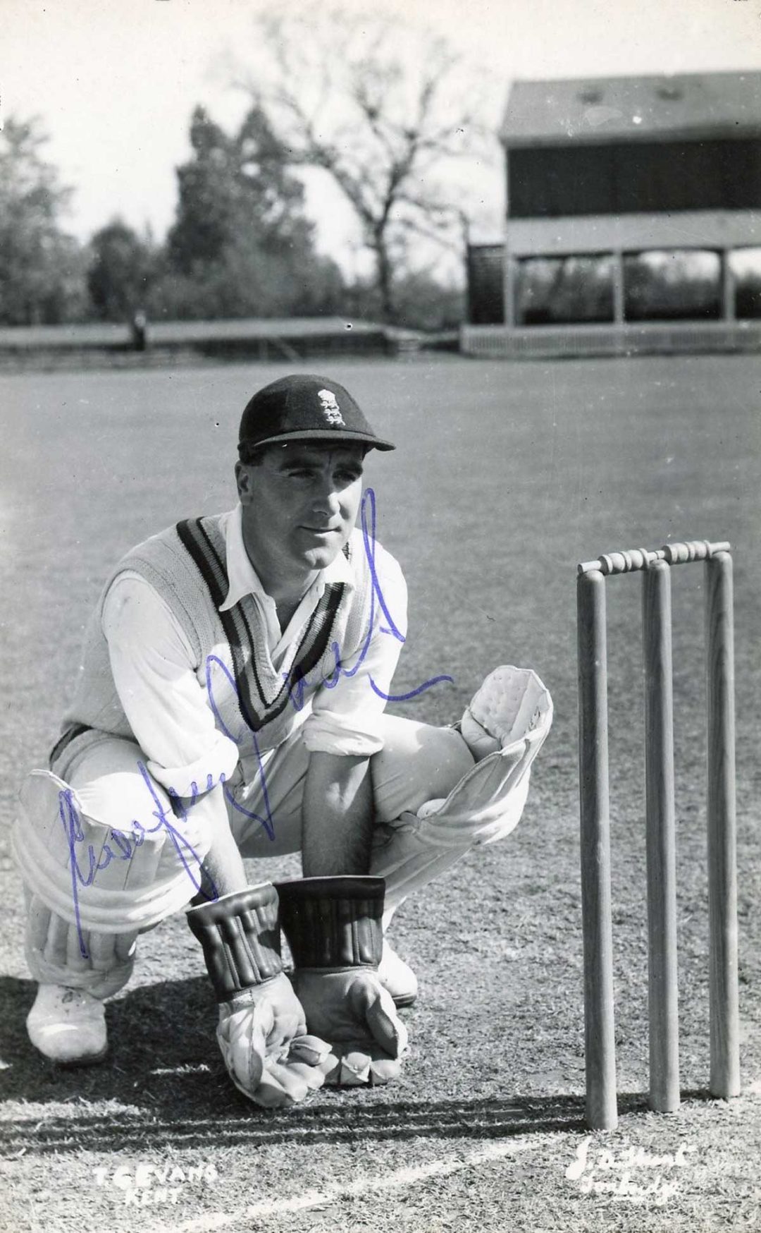 Godfrey Evans, wicketkeeping pose, signed