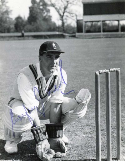 Godfrey Evans, wicketkeeping pose, signed