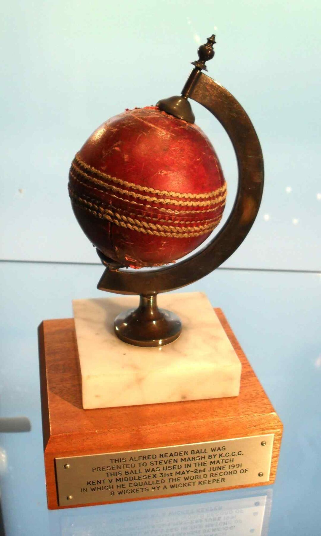 Ball presented to SA Marsh on equalling the world record with 8 dismissals in an innings