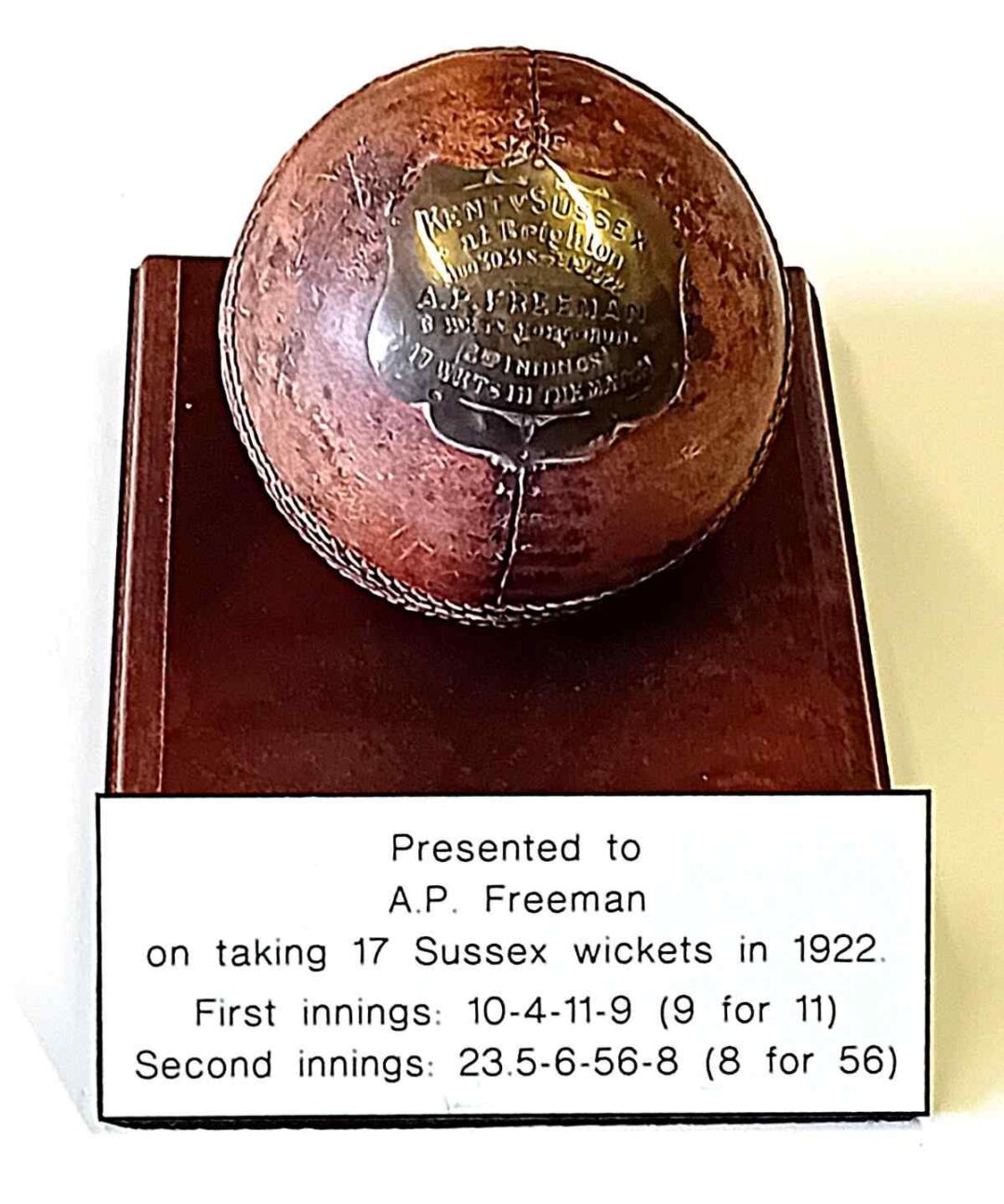 Ball used by Tich Freeman when taking 17 wickets in a match in 1922