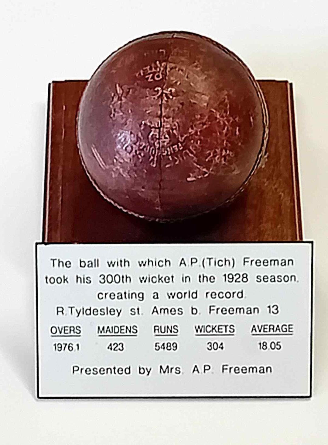 Ball used by Tich Freeman when taking his 300th wicket in 1928
