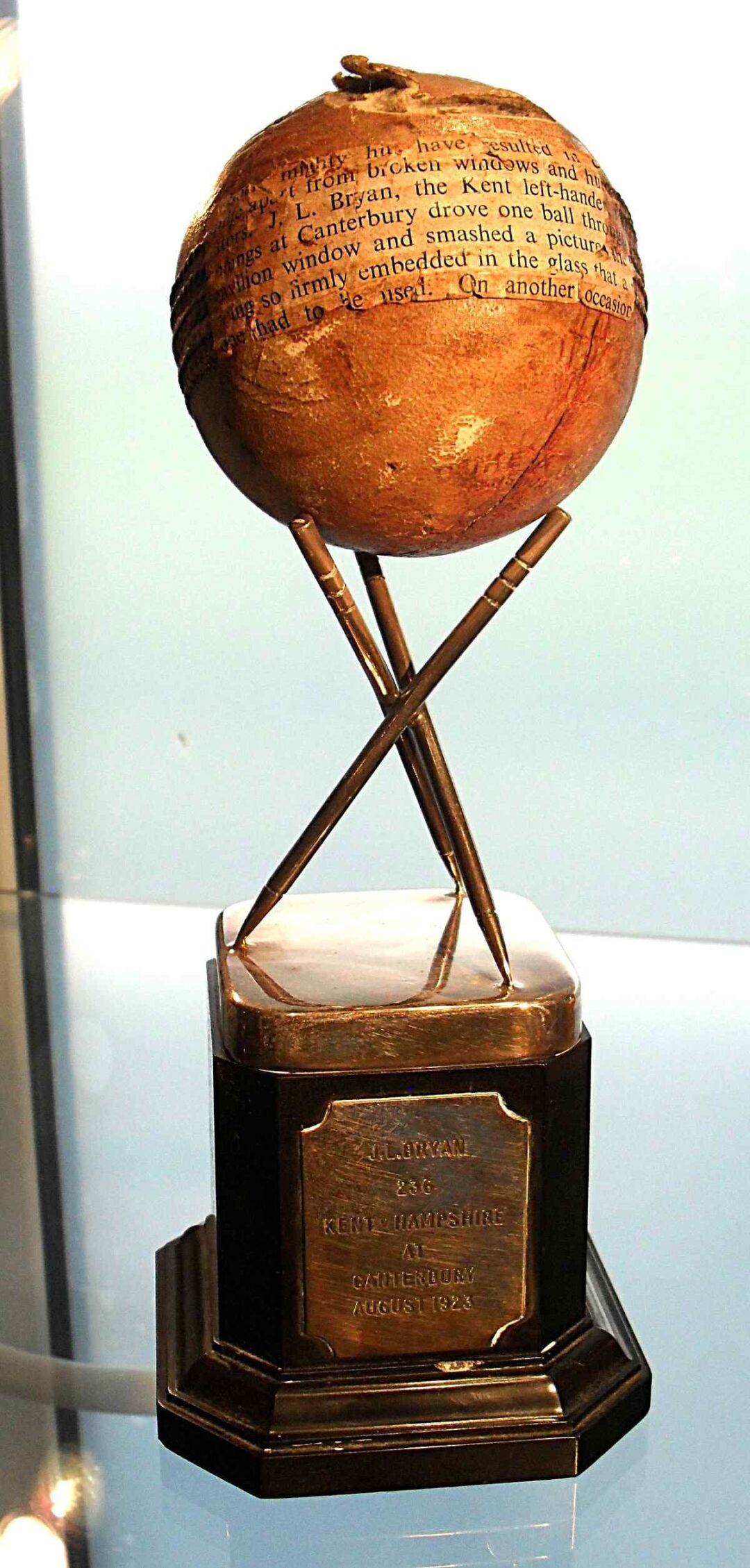 Ball with glass damage following a drive by JL Bryan, Canterbury 1923