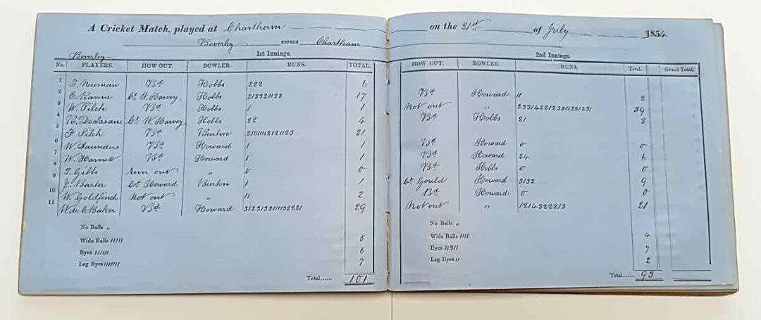 Beverley CC scorebook v Chartham at Chartham 1854