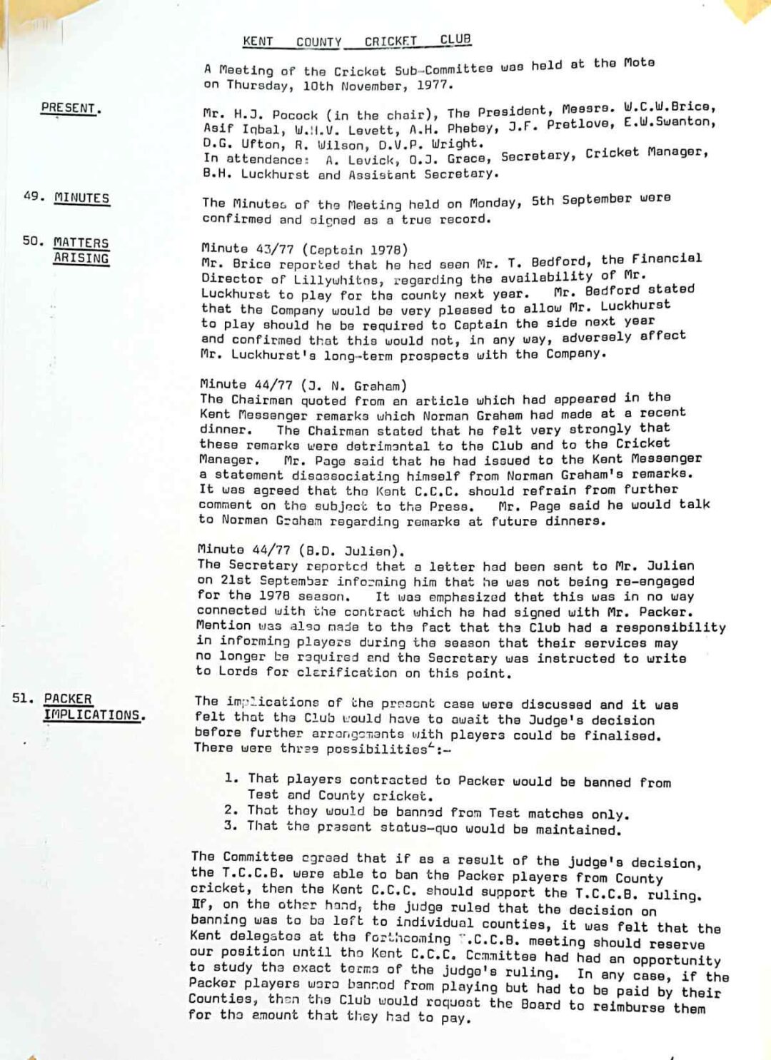 The Cricket Sub-Commitee facing up to the turbulence of the Packer era