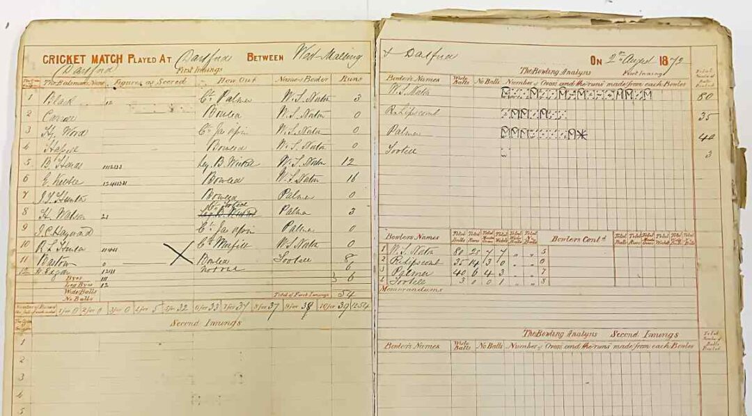 West Malling scorebook v Dartford at Dartford 1872